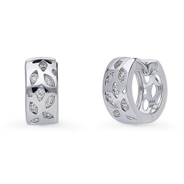 Leaf CZ Small Huggie Earrings in Sterling Silver 0.56"