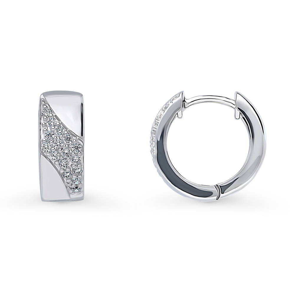 Front view of Wave CZ Small Huggie Earrings in Sterling Silver 0.55 inch, 4 of 5