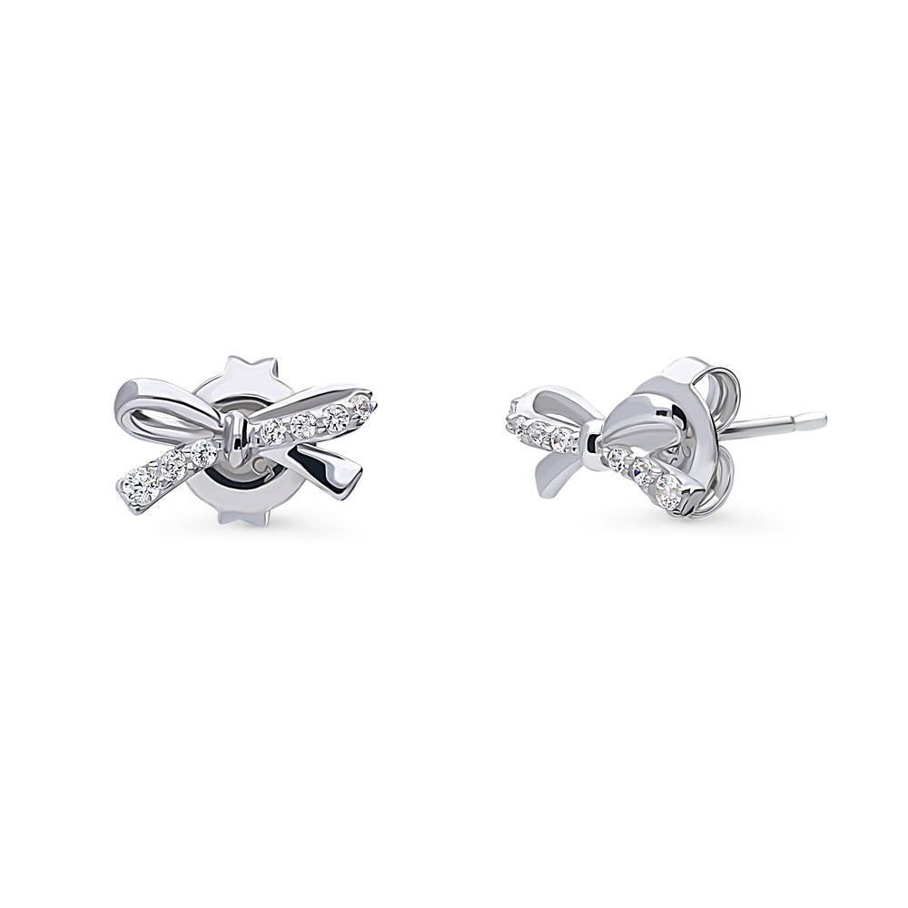 Bow Tie Ribbon CZ Stud Earrings in Sterling Silver, 1 of 6