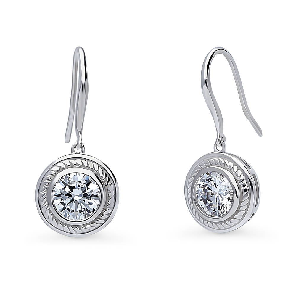 Solitaire 2.5ct Bezel Set Round CZ Dangle Earrings in Sterling Silver, 1 of 4