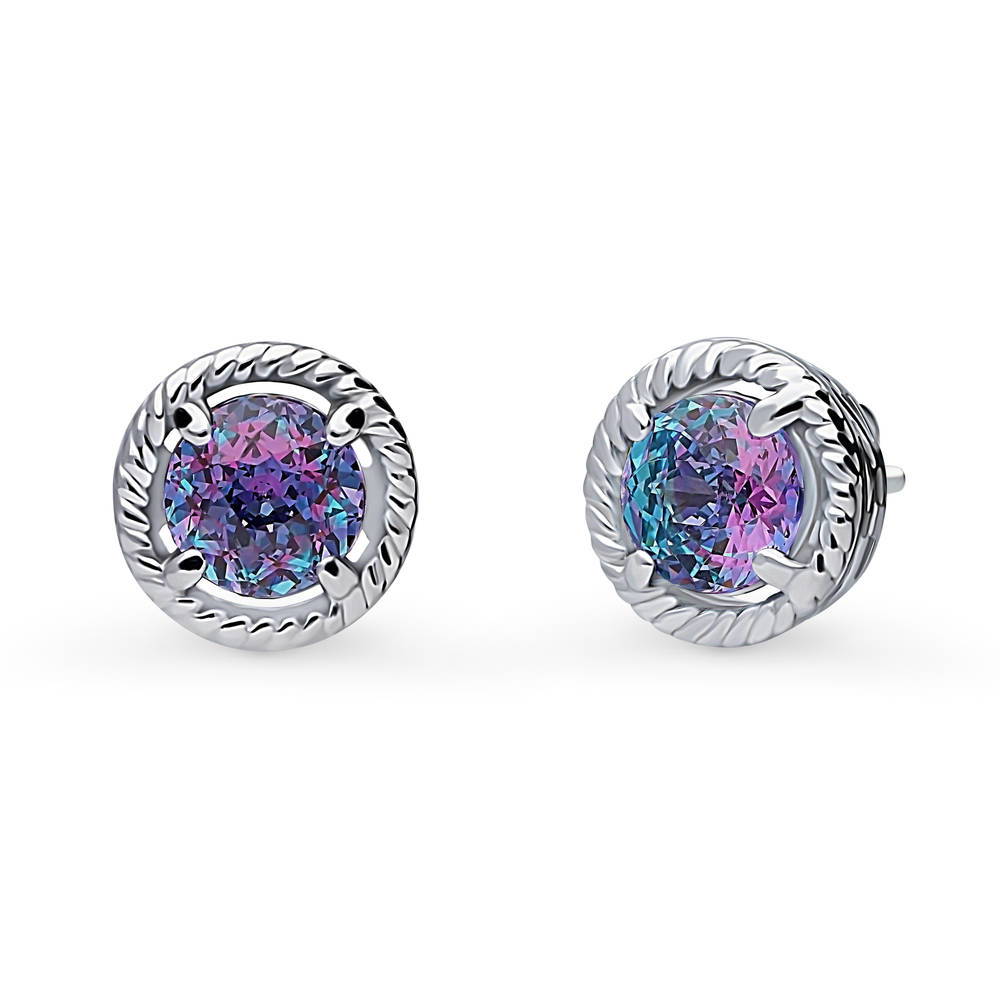 Solitaire Purple Aqua Round CZ Stud Earrings in Sterling Silver 2.5ct, 1 of 5