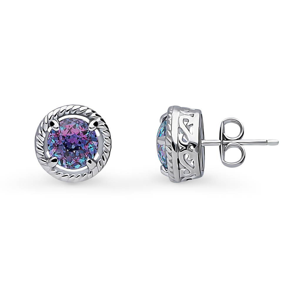 Front view of Solitaire Purple Aqua Round CZ Stud Earrings in Sterling Silver 2.5ct, 4 of 5