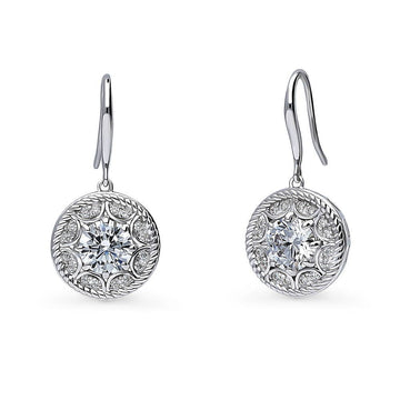 Cable Halo CZ Fish Hook Dangle Earrings in Sterling Silver