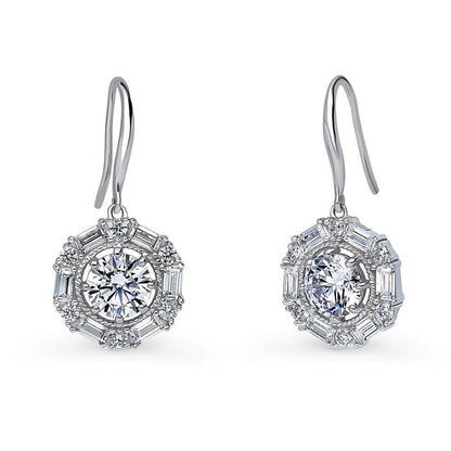 Halo Cable Art Deco CZ Fish Hook Earrings in Sterling Silver