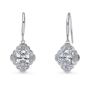 Halo Flower Oval CZ Fish Hook Dangle Earrings in Sterling Silver