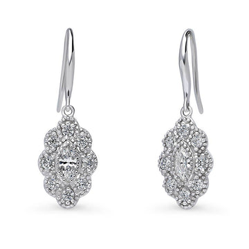 Halo Navette Marquise CZ Fish Hook Dangle Earrings in Sterling Silver
