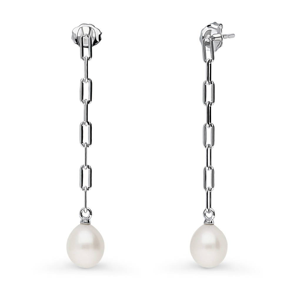 Solitaire White Oval Cultured Pearl Earrings in Sterling Silver