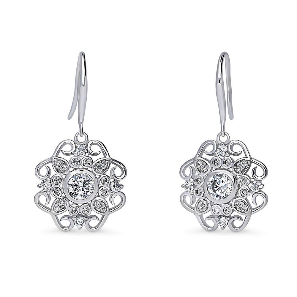 Halo Flower Round CZ Fish Hook Dangle Earrings in Sterling Silver