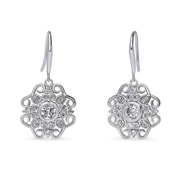 Halo Flower Round CZ Fish Hook Dangle Earrings in Sterling Silver