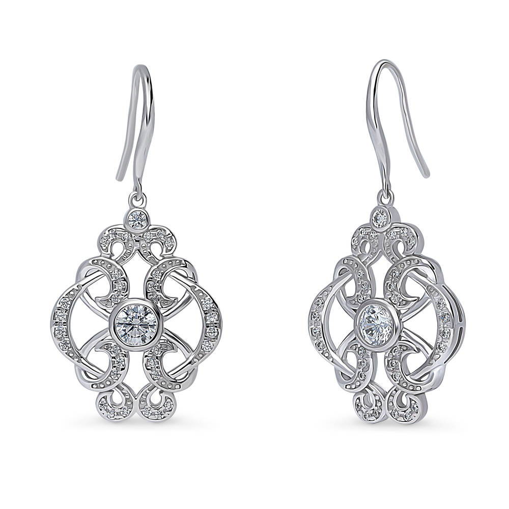 Flower Art Deco CZ Fish Hook Dangle Earrings in Sterling Silver