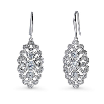 Navette Art Deco CZ Fish Hook Dangle Earrings in Sterling Silver