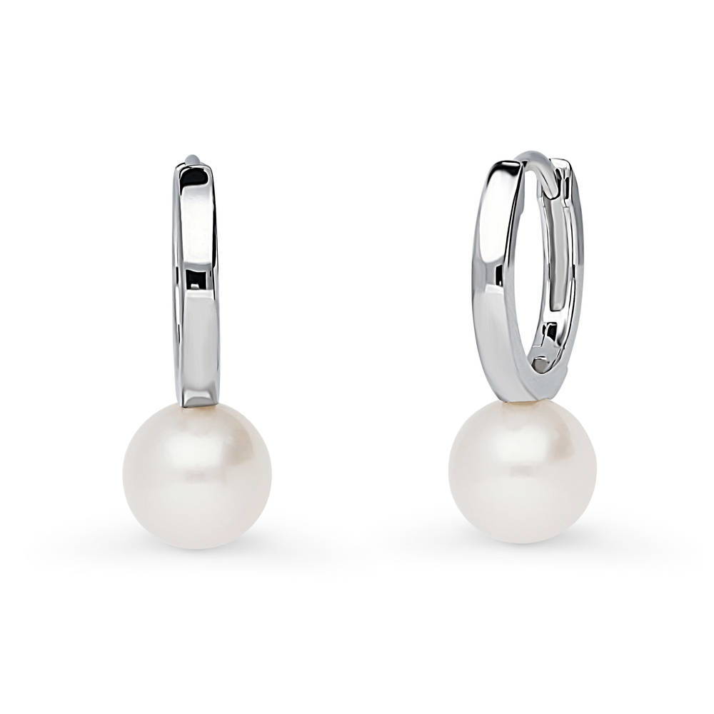 Solitaire Round Cultured Pearl Huggie Earrings in Sterling Silver 0.8"