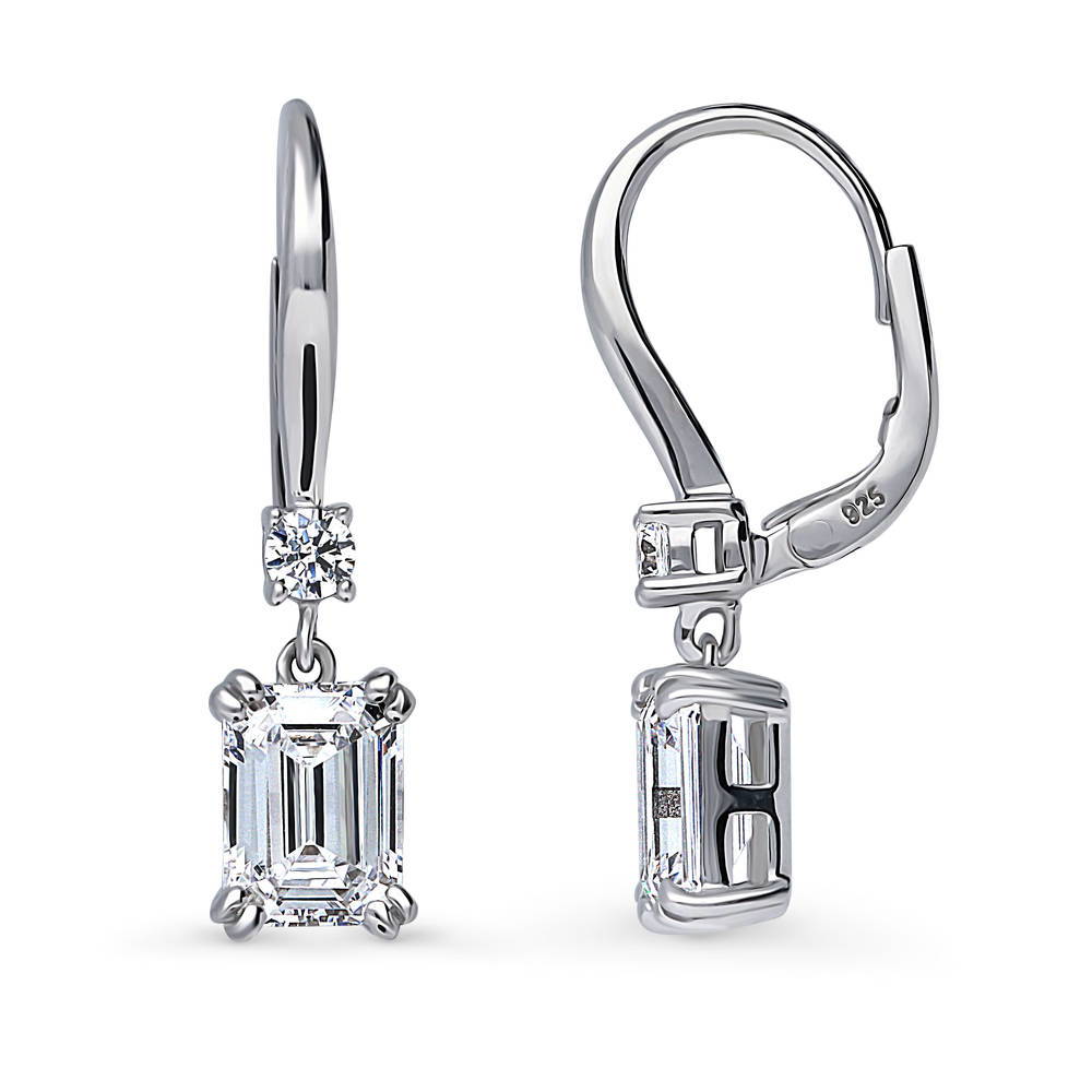 Front view of Solitaire 3.4ct Emerald Cut CZ Leverback Earrings in Sterling Silver, 4 of 10
