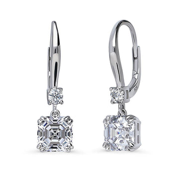 Solitaire 4ct Asscher CZ Leverback Dangle Earrings in Sterling Silver