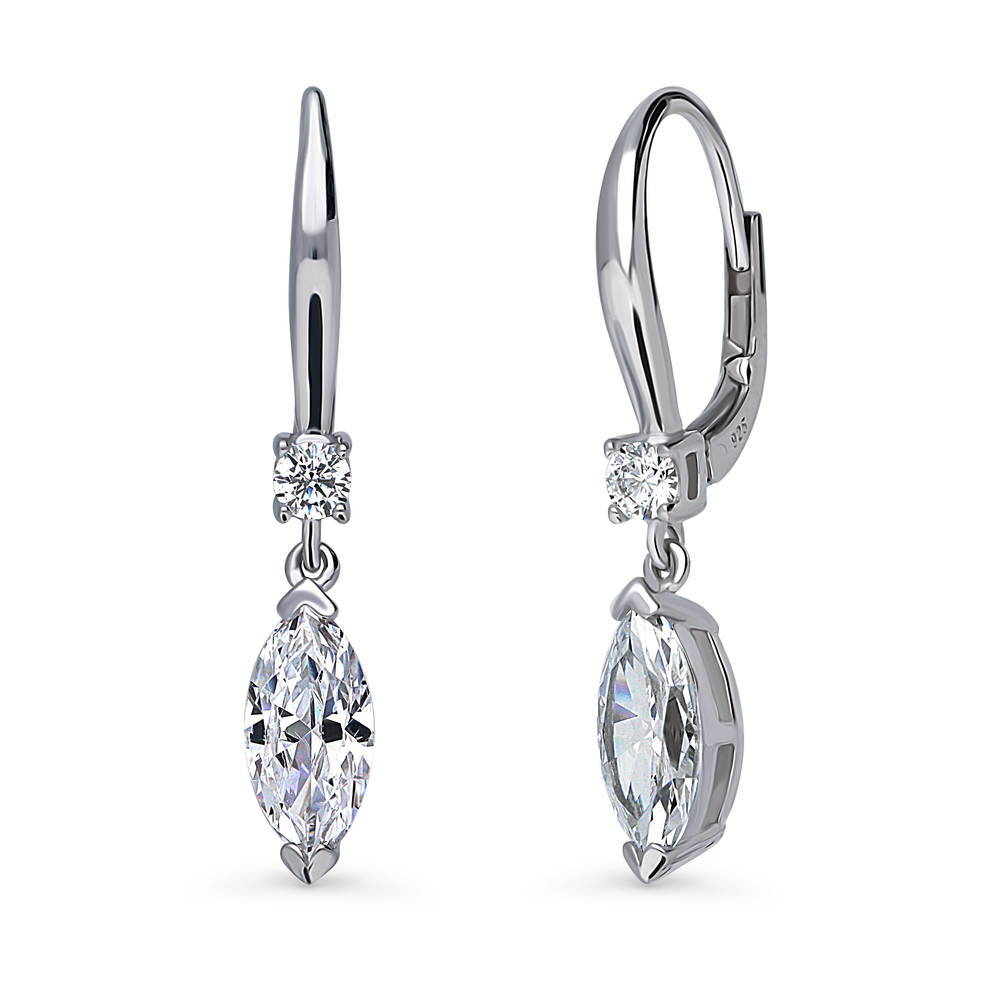 Solitaire 2ct Marquise CZ Leverback Dangle Earrings in Sterling Silver, 1 of 6