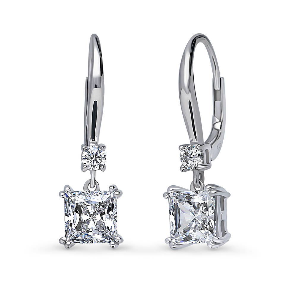 Solitaire 3.2ct Princess CZ Leverback Earrings in Sterling Silver, 1 of 5