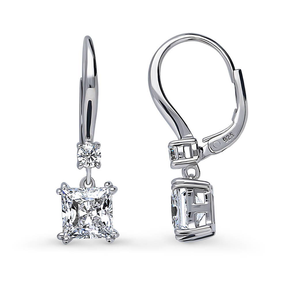 Front view of Solitaire 3.2ct Princess CZ Leverback Earrings in Sterling Silver, 4 of 5