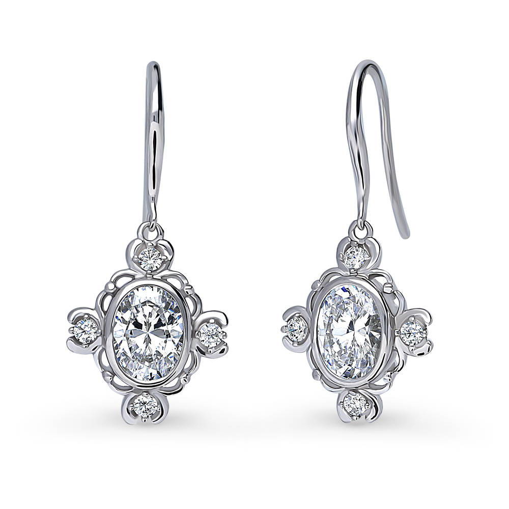 Flower Art Deco CZ Fish Hook Earrings in Sterling Silver, 1 of 4