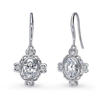 Flower Art Deco CZ Fish Hook Dangle Earrings in Sterling Silver