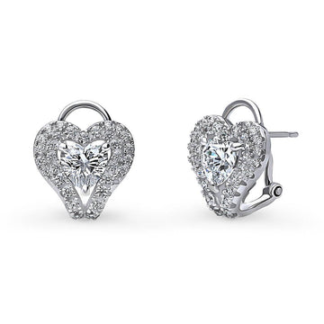 Heart Halo CZ Omega Back Stud Earrings in Sterling Silver