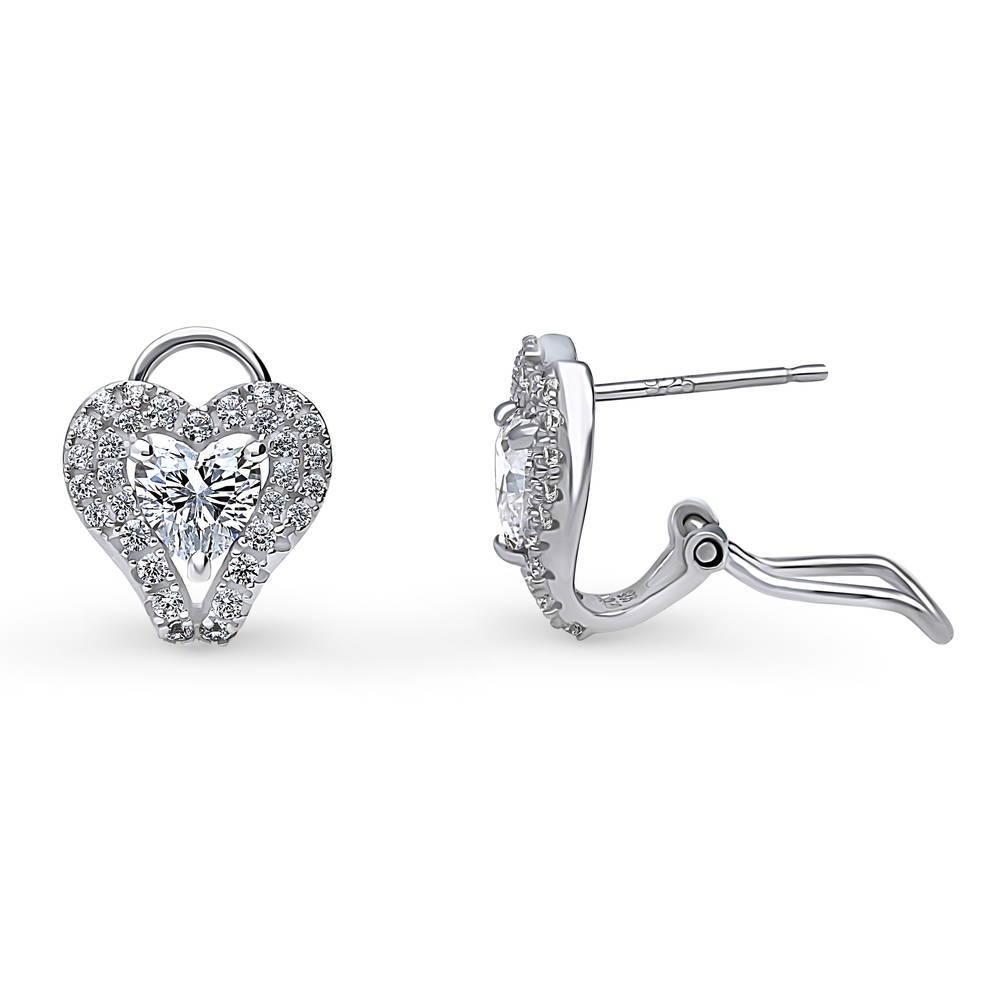 Front view of Heart Halo CZ Omega Back Stud Earrings in Sterling Silver, 4 of 5