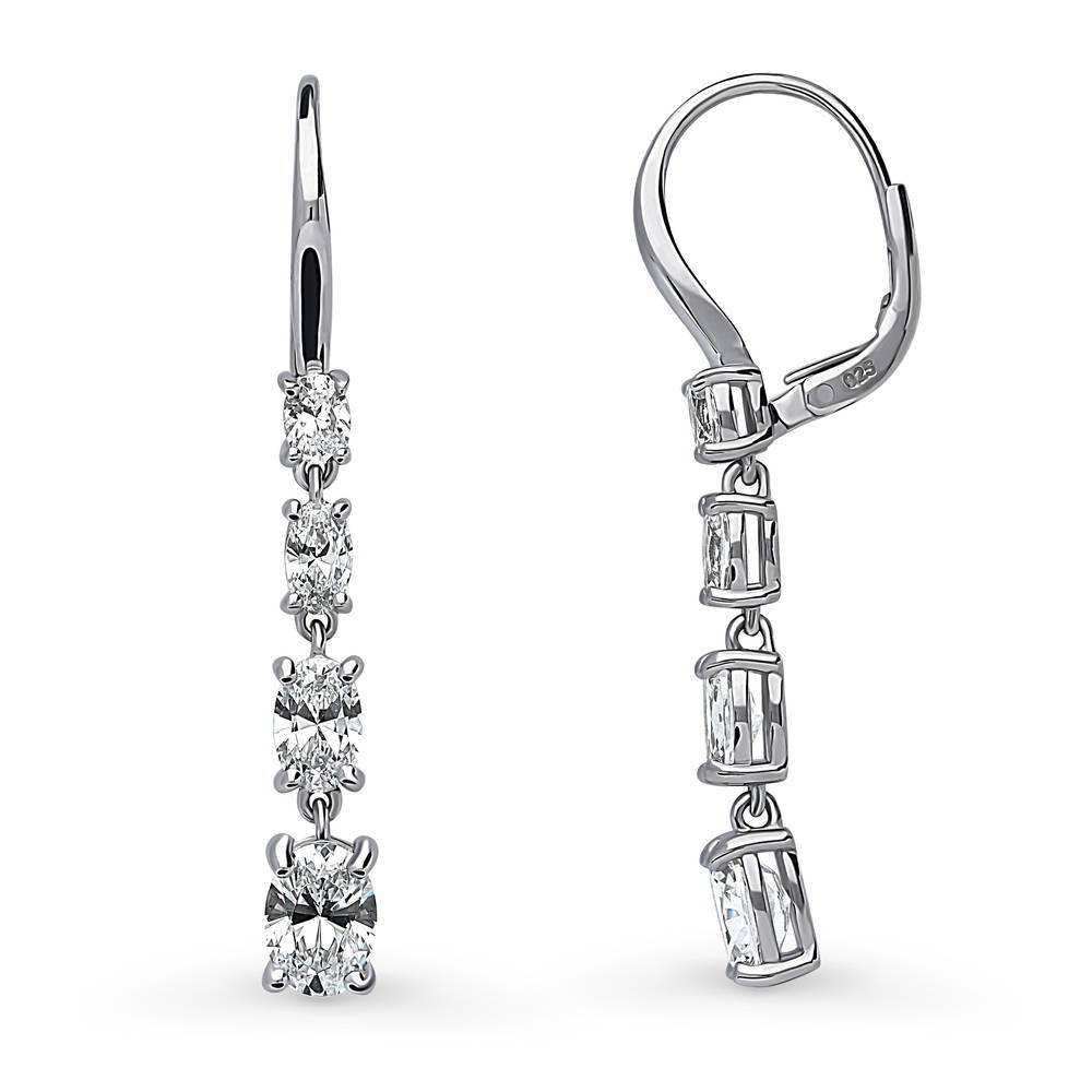 Front view of Graduated CZ Leverback Dangle Earrings in Sterling Silver, 4 of 6