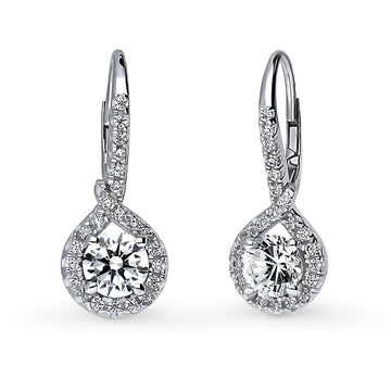 Halo Woven Round CZ Leverback Dangle Earrings in Sterling Silver
