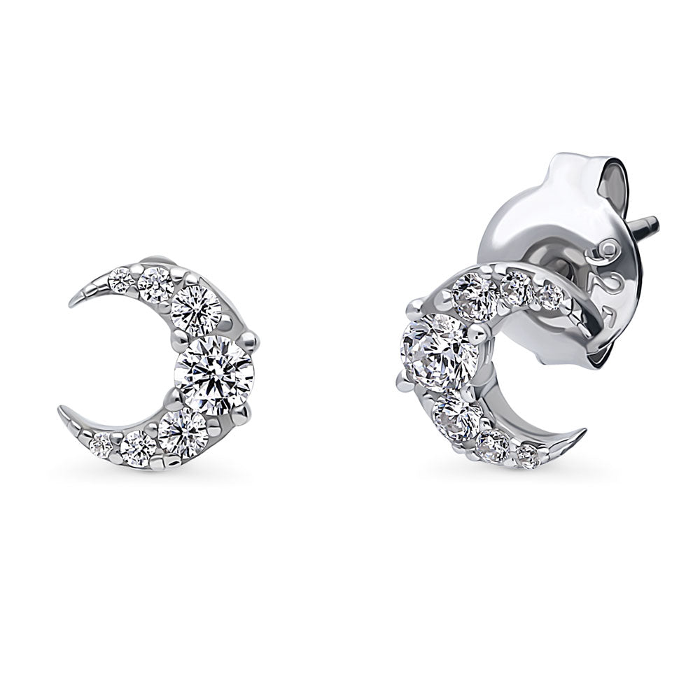 Crescent Moon CZ Stud Earrings in Sterling Silver, 1 of 9