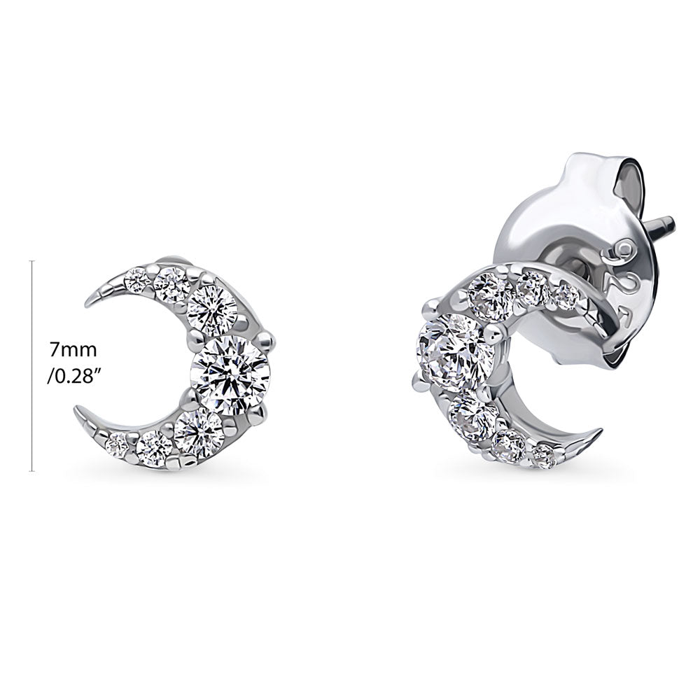 Front view of Crescent Moon CZ Stud Earrings in Sterling Silver, 3 of 9