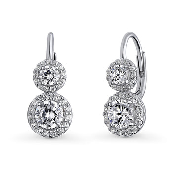Halo 2-Stone Round CZ Leverback Dangle Earrings in Sterling Silver