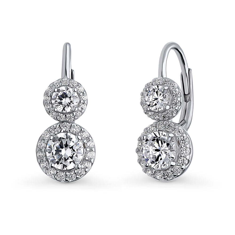 Halo 2-Stone Round CZ Leverback Dangle Earrings in Sterling Silver, 1 of 5