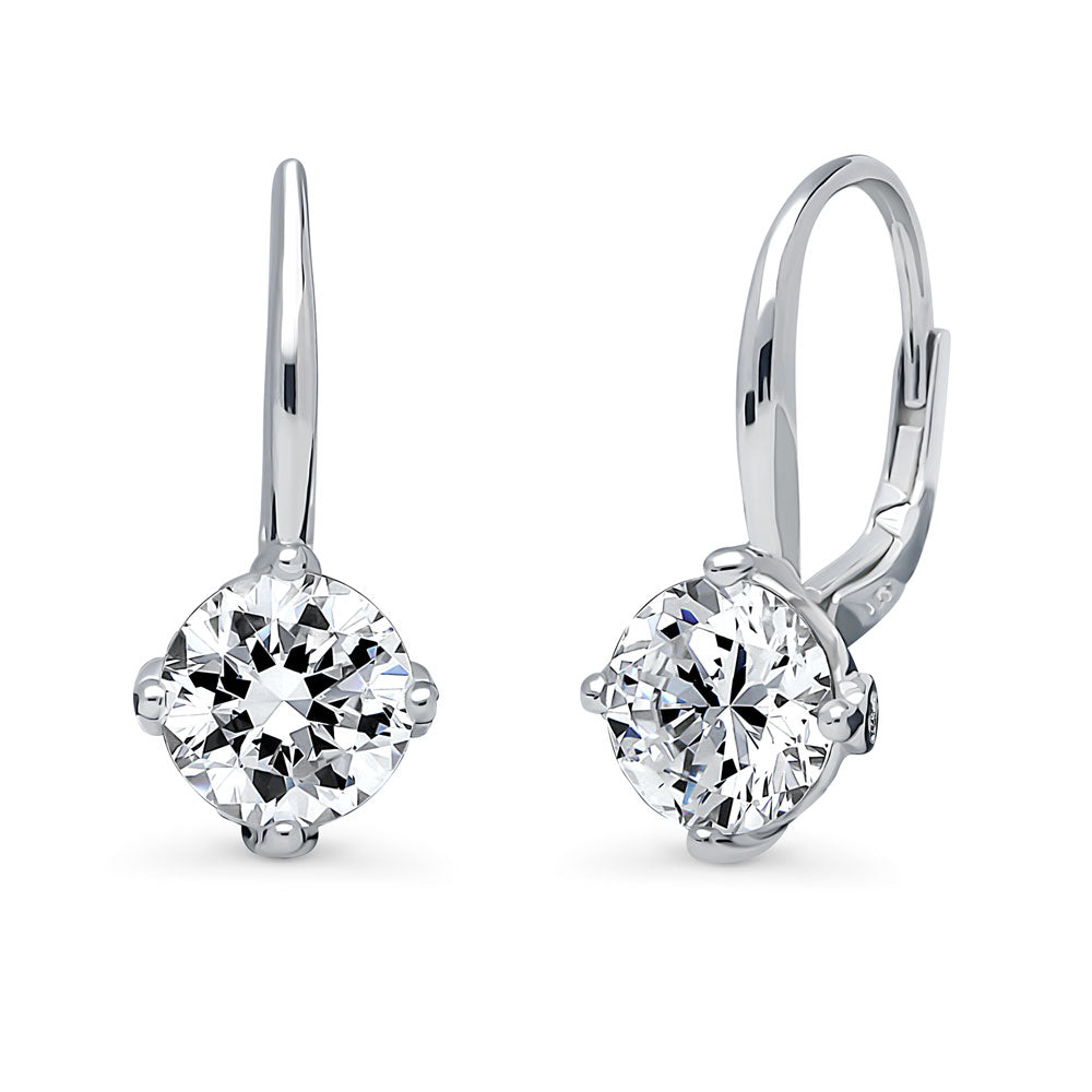 Solitaire 4ct Round CZ Leverback Dangle Earrings in Sterling Silver