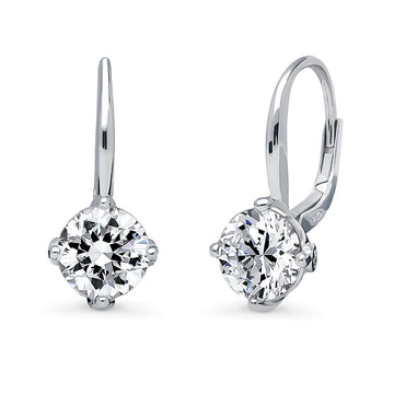Solitaire 4ct Round CZ Leverback Dangle Earrings in Sterling Silver