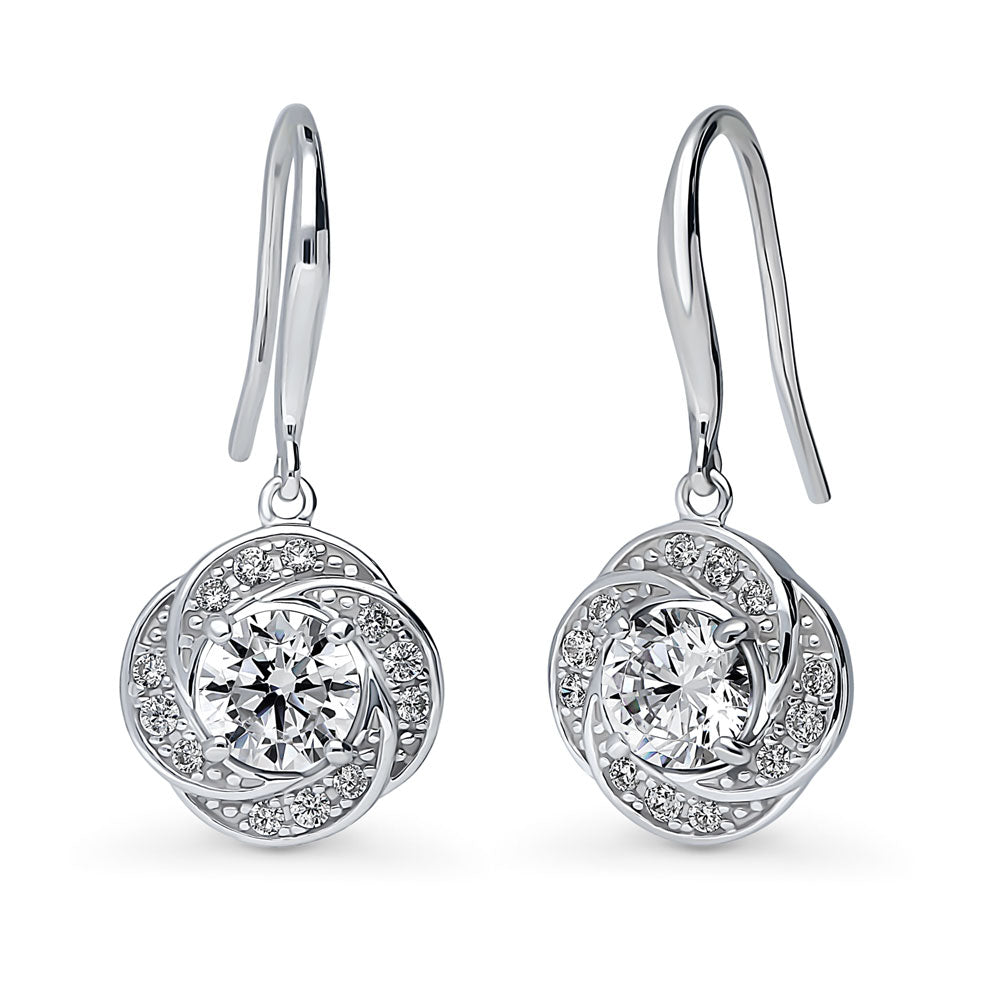 Flower Woven CZ Fish Hook Dangle Earrings in Sterling Silver