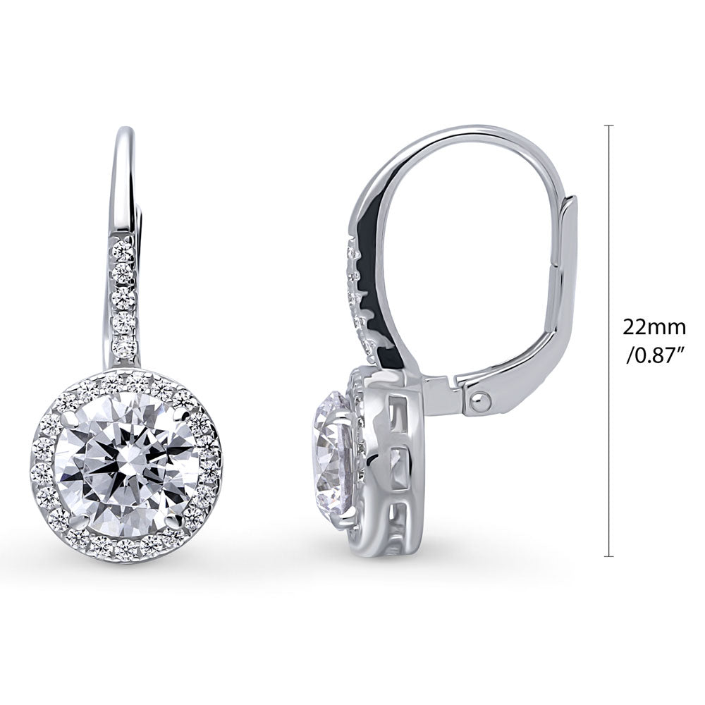 Front view of Solitaire 2.5ct Round CZ Leverback Dangle Earrings in Sterling Silver, 4 of 5