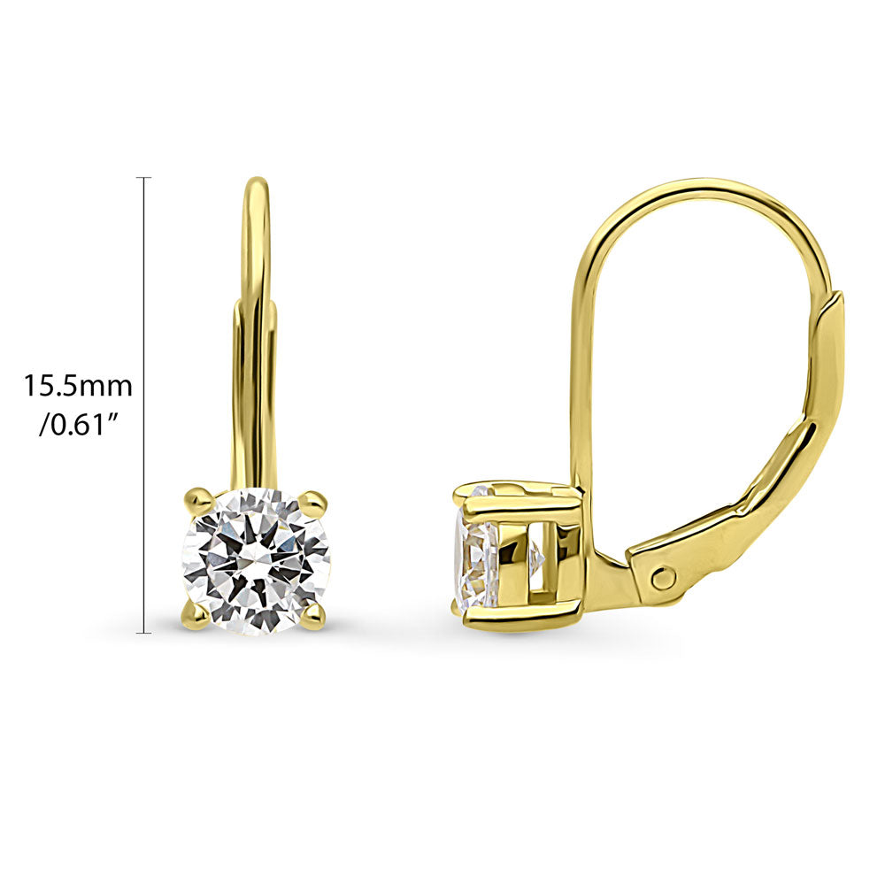 Front view of Solitaire Round CZ Leverback Earrings in Gold Flashed Sterling Silver, 3 of 12