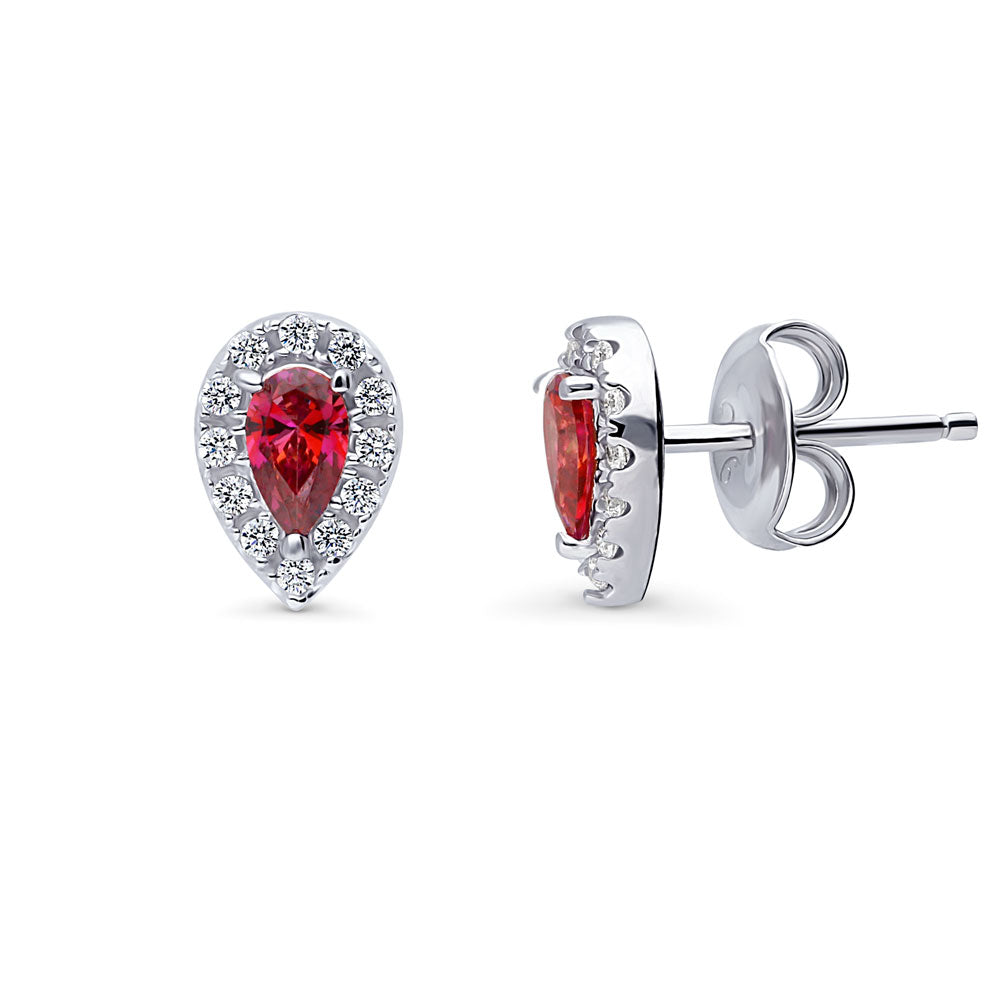 Halo Pear CZ Stud Earrings in Sterling Silver, Red Color