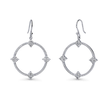 Open Circle Flower CZ Fish Hook Dangle Earrings in Sterling Silver