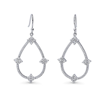 Flower Teardrop CZ Fish Hook Dangle Earrings in Sterling Silver