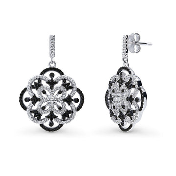 Flower Black and White CZ Statement Dangle Earrings in Sterling Silver