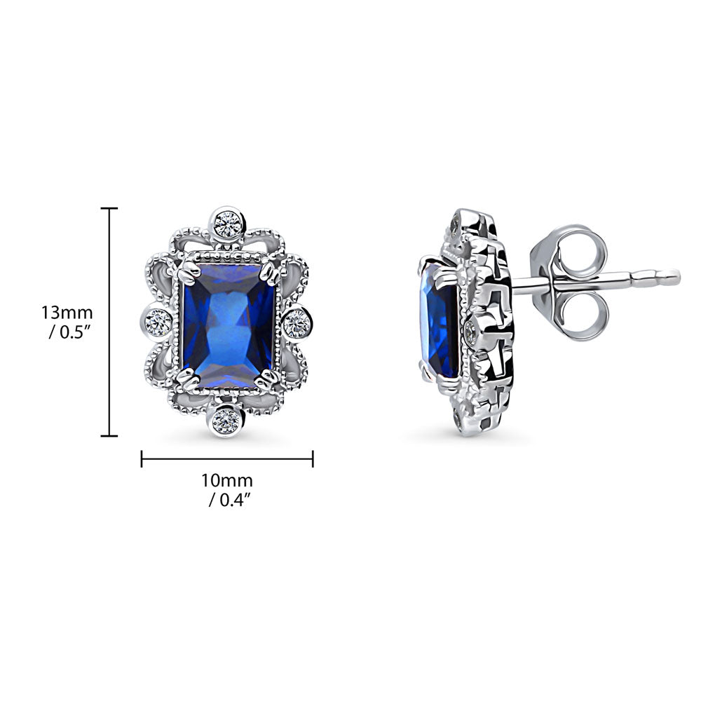 Front view of Art Deco Simulated Blue Sapphire CZ Stud Earrings in Sterling Silver, 4 of 6