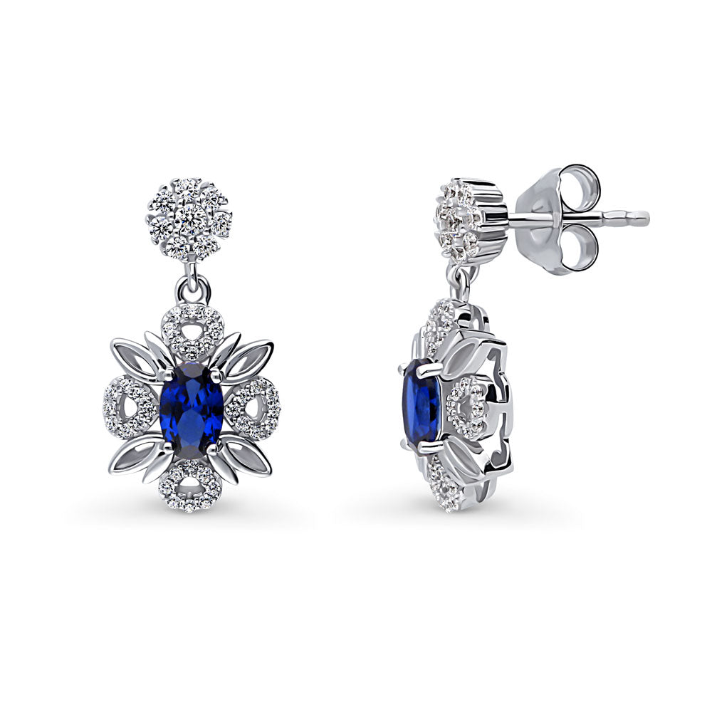 Flower Halo Simulated Blue Sapphire CZ Earrings in Sterling Silver