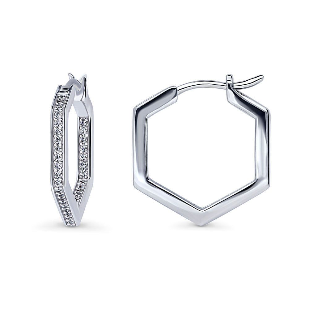 Hexagon CZ Medium Inside-Out Hoop Earrings in Sterling Silver 0.8"