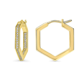 Hexagon CZ Medium Inside-Out Hoop Earrings in Sterling Silver 0.8"