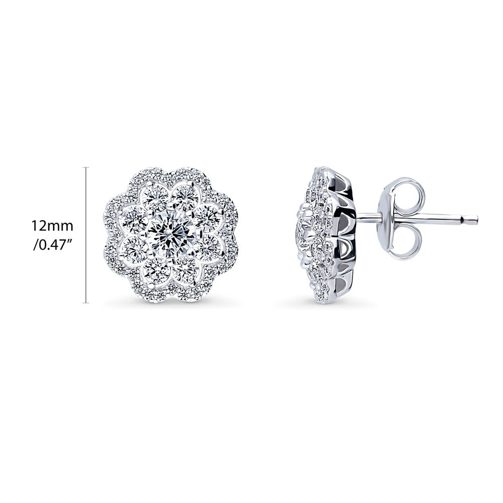 Front view of Flower Halo CZ Stud Earrings in Sterling Silver, 4 of 8
