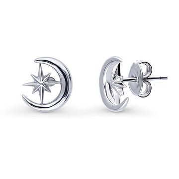 Crescent Moon North Star Stud Earrings in Sterling Silver