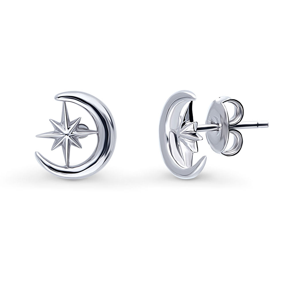Crescent Moon North Star Stud Earrings in Sterling Silver, 1 of 9