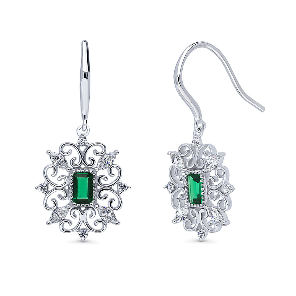 Art Deco Filigree Green CZ Fish Hook Dangle Earrings in Sterling Silver