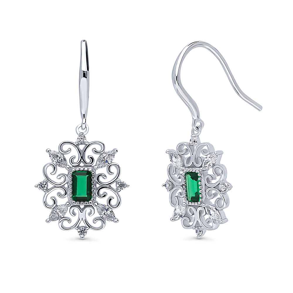 Art Deco Filigree Green CZ Necklace and Earrings Set in Sterling Silver, 4 of 14