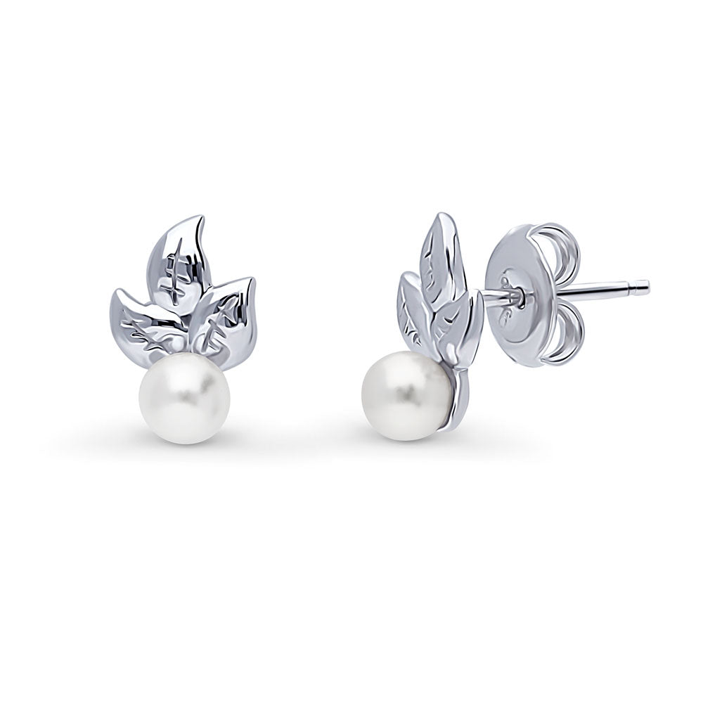 Leaf Imitation Pearl Stud Earrings in Sterling Silver, Rhodium Plated